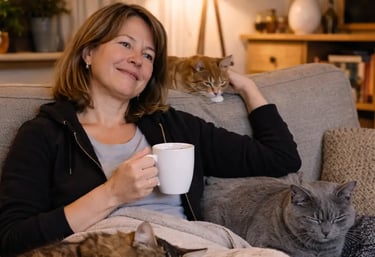 une femme qui se repose avec ses chats grâce à La Vie Sans Crotte