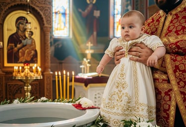 A baby in a white gown at their baptism ceremony.