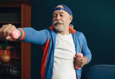 Treino para idoso de fortalecimento muscular com um personal trainer na sua casa
