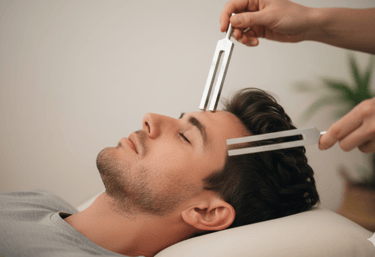hombre recibiendo terapia de diapasones, sonoterapia, sonopuntura, terapia de sonido energético