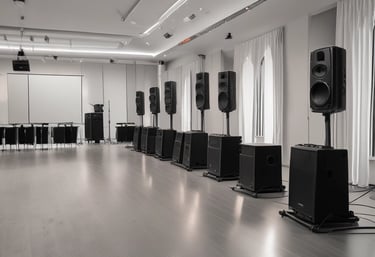 A sleek, modern event production setup with red and black lighting highlighting a corporate stage.