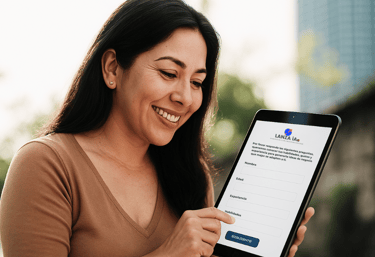 Mujer sonriente usando tablet para llenar formulario digital, representa inicio de negocio personalizado  con LANZA iA.