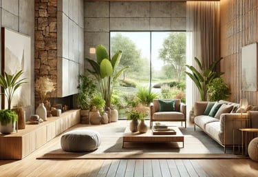 soggiorno moderno con pavimento in legno, muro dietro divano in cannettato, camino in lastre di pietra, e svariate piante