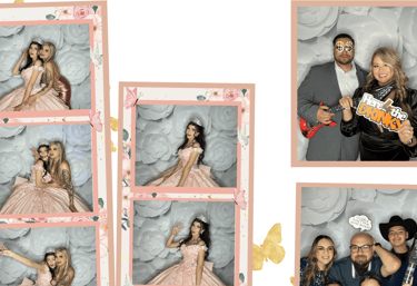 a pink Quince dress with a quince using a Photo Booth taking a Photo Booth picture