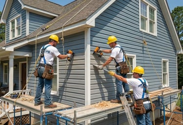 Siding repair contractors fixing damaged vinyl siding in Durham NC