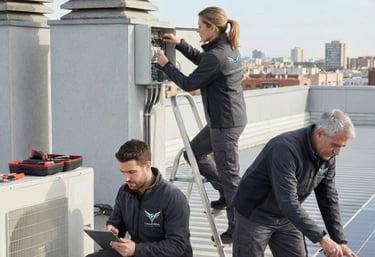 Técnico de mantenimiento realizando reparaciones de electricidad y fontanería en edificio