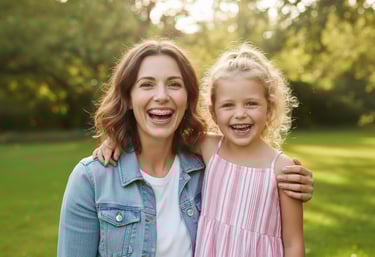 Una madre y su hija sonriendo y mostrando sus aparatos de ortodoncia, abrazándose en un parque