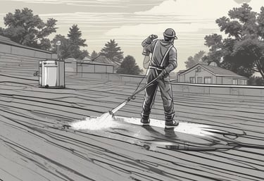 A friendly technician power washing a sunlit driveway, water spraying gently over clean concrete.