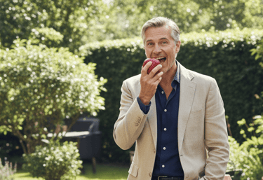 Un hombre sonriente y feliz muerde una manzana roja fresca en un jardín