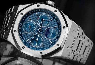 Audemars Piguet Royal Oak Moonphase watch with blue dial and stainless steel case