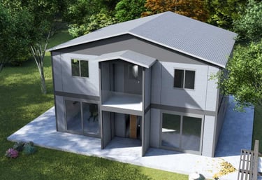 a house with a large backyard area and a deck