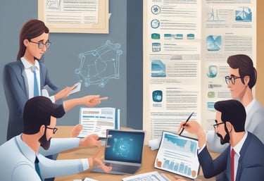 a group of people sitting around a table with papers and papers