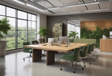 A bright modern office space featuring ergonomic furniture and large windows allowing natural light.