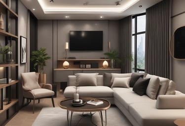 A stylish furnished living room with large windows overlooking the city skyline.