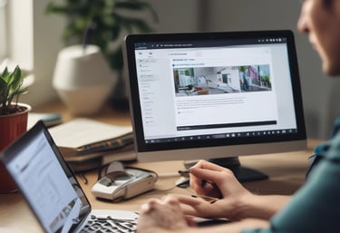 A creative workspace with a laptop showing a website design and video editing software on screen.