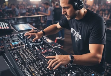 A DJ controller featuring numerous knobs, buttons, and dual jog wheels is prominently displayed. In the background, a laptop with music software running on its screen is visible, adding to the setup's functionality. The lighting is dim, creating an ambient atmosphere with a focus on the equipment.