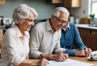 A friendly real estate consultant discussing plans with a homeowner in a cozy living room.