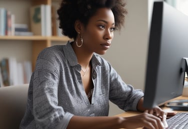 a woman sitting at a desk with a computer