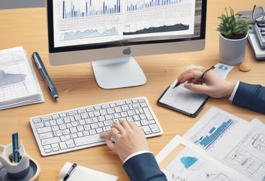 A professional consultation setting with a medical professional sitting at a desk facing a client. The room has a modern aesthetic with white walls decorated with framed certificates. The desk is organized with office supplies, a laptop, and a fruit bowl in the center.