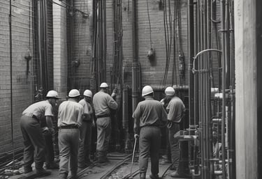 Industrial engineer in hard hat inspecting a modern manufacturing facility with overhead lighting.