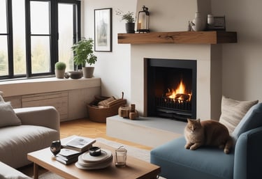 A cozy living room with warm lighting and personalized decor elements.