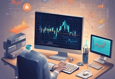 A person is holding a smartphone displaying a financial trading app. The screen shows a candlestick chart with various trading metrics, including the current price, percentage changes, and buttons for different actions. The person's hands are visible, and a black background accentuates the smartphone screen.