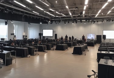 A sleek, modern event production setup with red and black lighting highlighting a corporate stage.