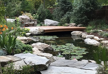 Hardscape of pond, boulders, rocks, decking in a tropical garden landscape
