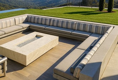 Custom striped outdoor firepit seating by Solo Home Decor in a luxurious mountain backyard with ocean view and modern design.