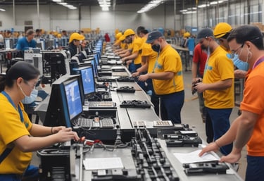 A diverse group of employees engaged in interactive AI-powered training on laptops.