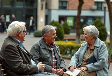 kleine Gruppe älterer Menschen sitzt draussen und sie unterhalten sich fröhlich