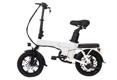 a white electric bike with a black seat