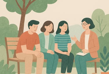 a woman with a family sitting on a bench in a park