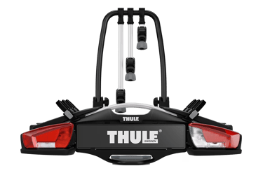 Rear view of Thule towbar bike carrier showing lights and number plate area.