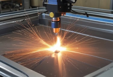 A brightly lit neon sign with the words 'THE CUTTING EDGE' is displayed inside a window, creating a striking contrast against the dark surroundings. The neon light casts a red and pink glow, which reflects on the glass pane and the structures nearby.