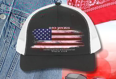 Black and white trucker hat with US flag and '250 years' text. Patriotic 250th Anniversary apparel.