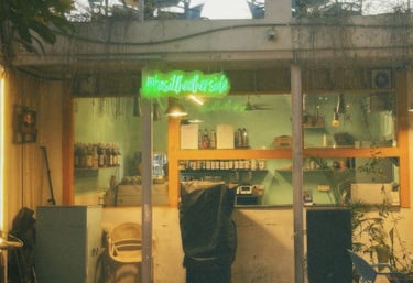 basil the otherside with a neon sign