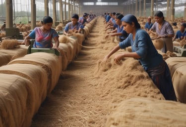 Close-up of biodegradable jute packaging with green leaves in the background, highlighting natural textures.