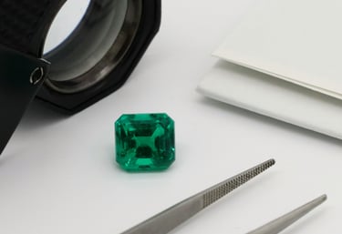 a green emerald gemstone with magnifying loupe glass and tweasers