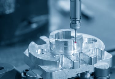 Renishaw TP200 and stylus probing a precision machined component.