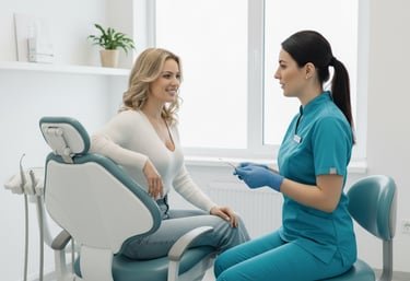 Una dentista conversando amistosamente con una paciente rubia sentada en el sillón dental