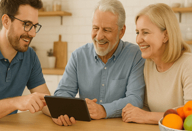 Family learning tablet together in kitchen. Friendly, no-jargon tech help in Cedar Rapids homes.