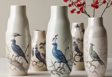 a group of vases with birds on them