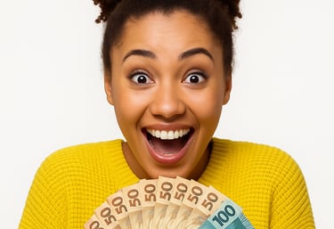 a woman holding a stack of money bills
