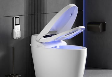 a toilet with a blue light on it