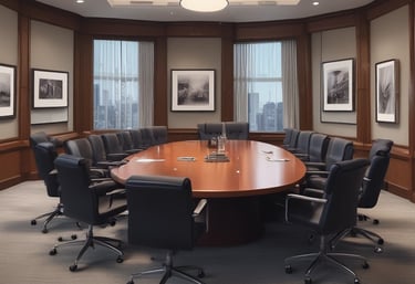 A warm office environment showing a team collaborating around a table with service catalogs and laptops.