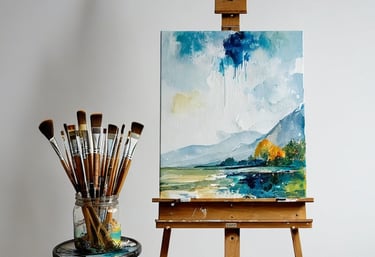 stanowisko malarza z obrazem na sztaludze oraz pędzlami