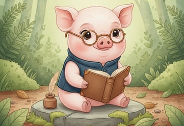 Pip the piglet reading a book