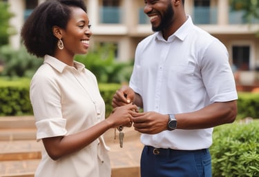 A warm, professional handshake between a landlord and tenant in a modern apartment setting.