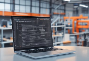 Close-up of industrial PLC control panel with glowing indicators in a factory setting.
